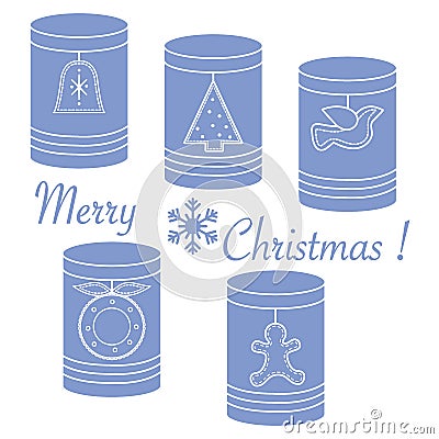 Jars with Christmas and New Year tags: Ñhristmas tree, bell, bi Vector Illustration